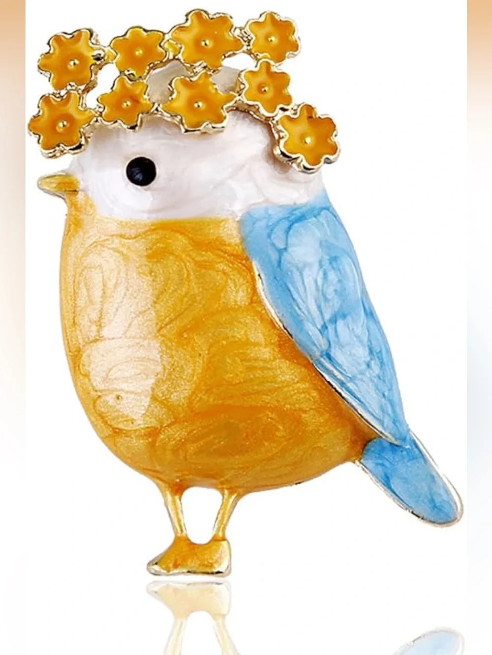 Yellow and Blue Enamel Bird Brooch with Floral Crown